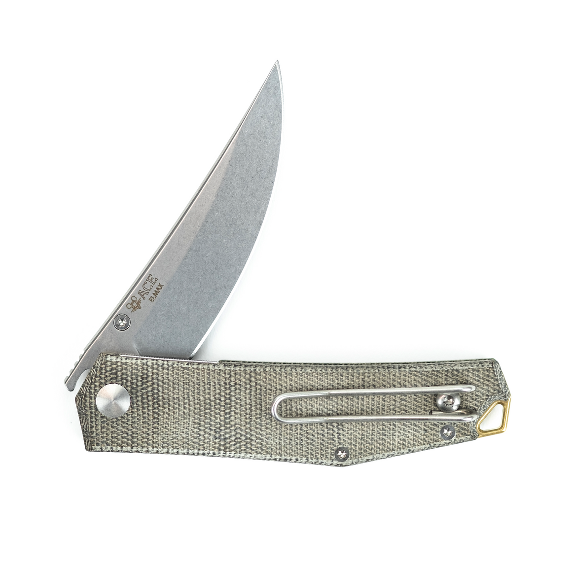 ACE Clyde - Green Canvas and Brass - Elmax Blade Steel, Stonewash finish - Green canvas micarta Handle - back