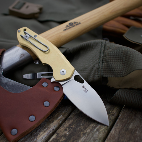 GiantMouse Knives ACE Farley Brass @ SRKT Satin DP Bohler M390 Blade Slip  Joint Manual