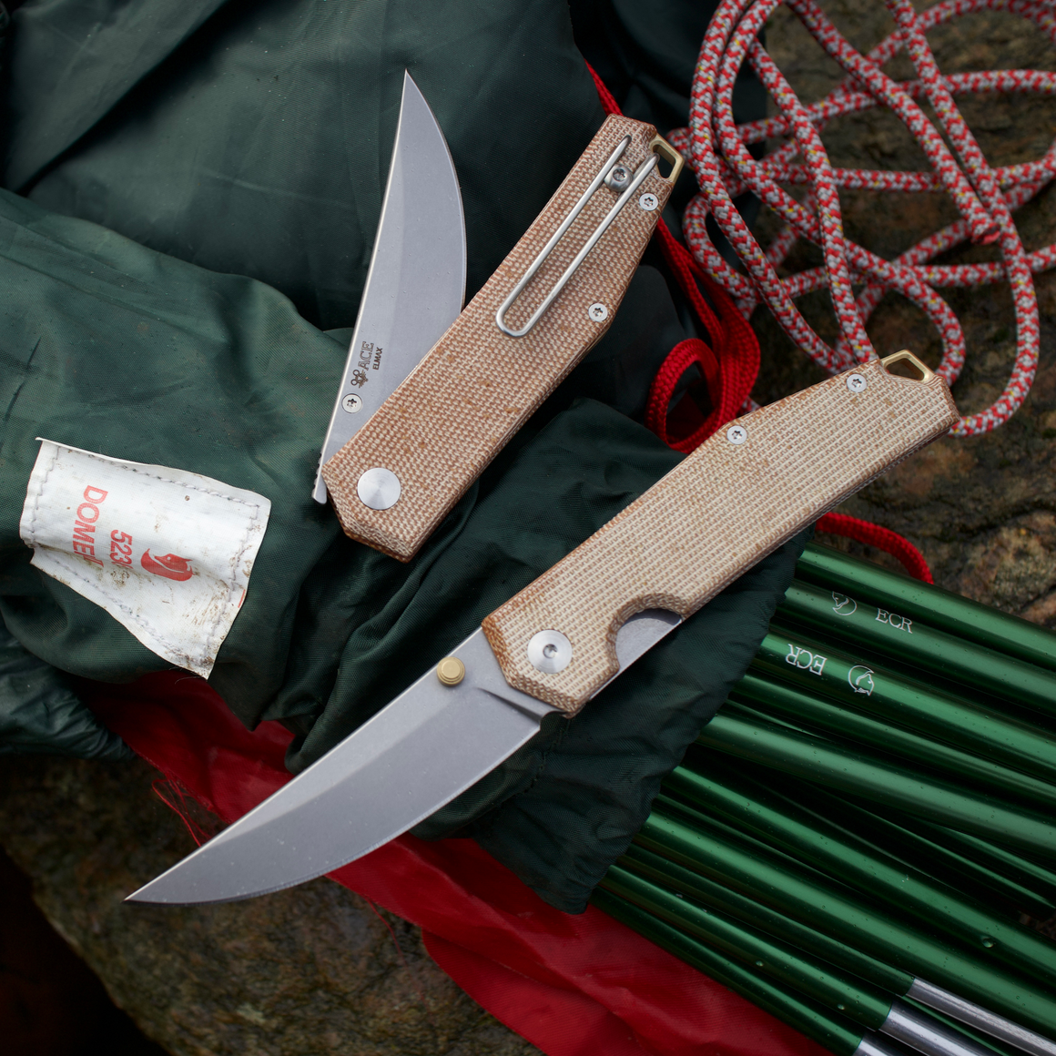 ACE Clyde - Natural Canvas and Brass - Elmax Blade Steel, Stonewash finish - Natural canvas micarta Handle