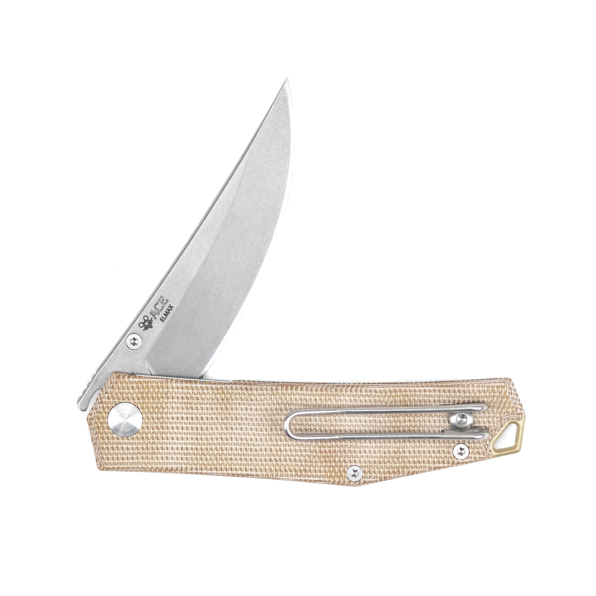 ACE Clyde - Natural Canvas and Brass - Elmax Blade Steel, Stonewash finish - Natural canvas micarta Handle