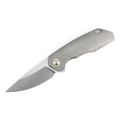 GiantMouse Knives GM6 Integral Titanium Folder with M390 Blade Steel and bronze pivot ring, view - fully open on orange rope