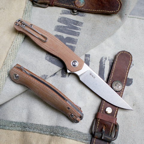 ACE Sonoma V2 - Natural Canvas Micarta - EDC knife - The blade steel is Elmax, Stonewash Finish